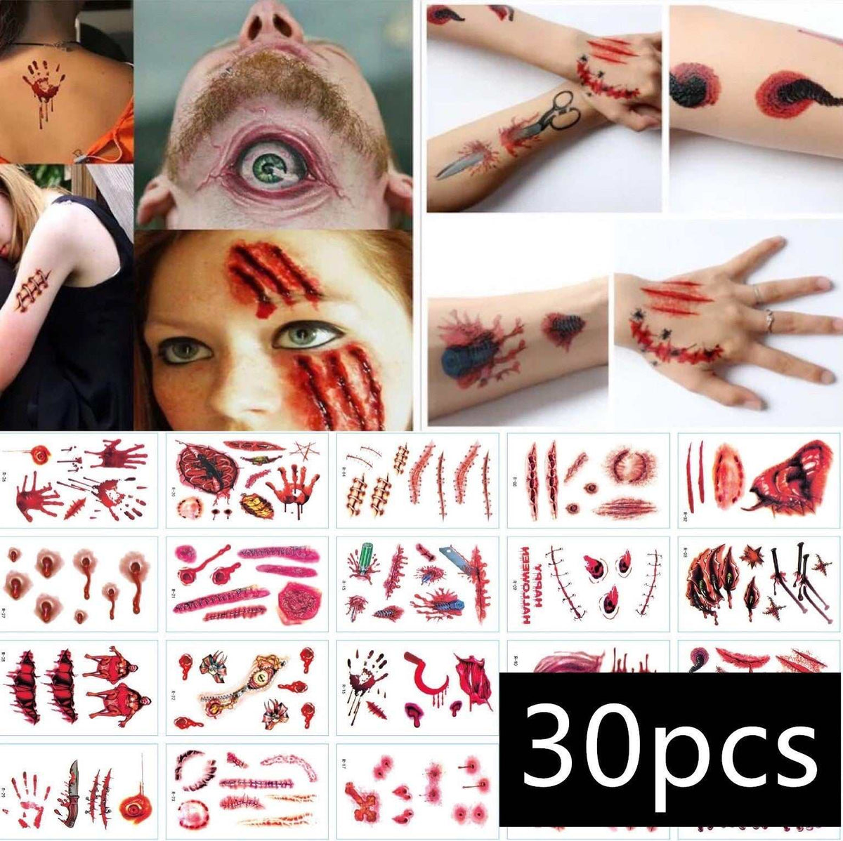 Set of 30 Halloween tattoo stickers with realistic bloody and wound designs for party decoration and costume use