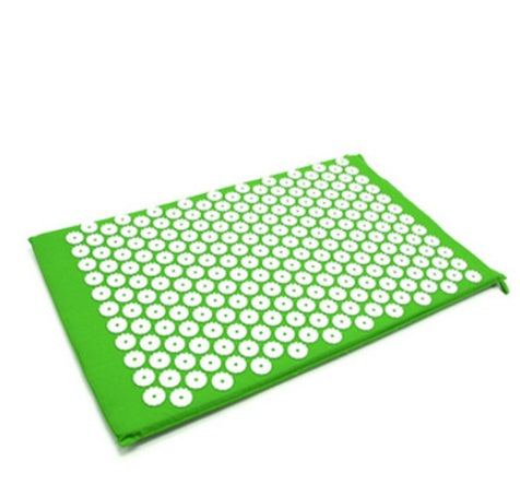Green acupuncture massage yoga mat with white acupressure points for pain relief and relaxation