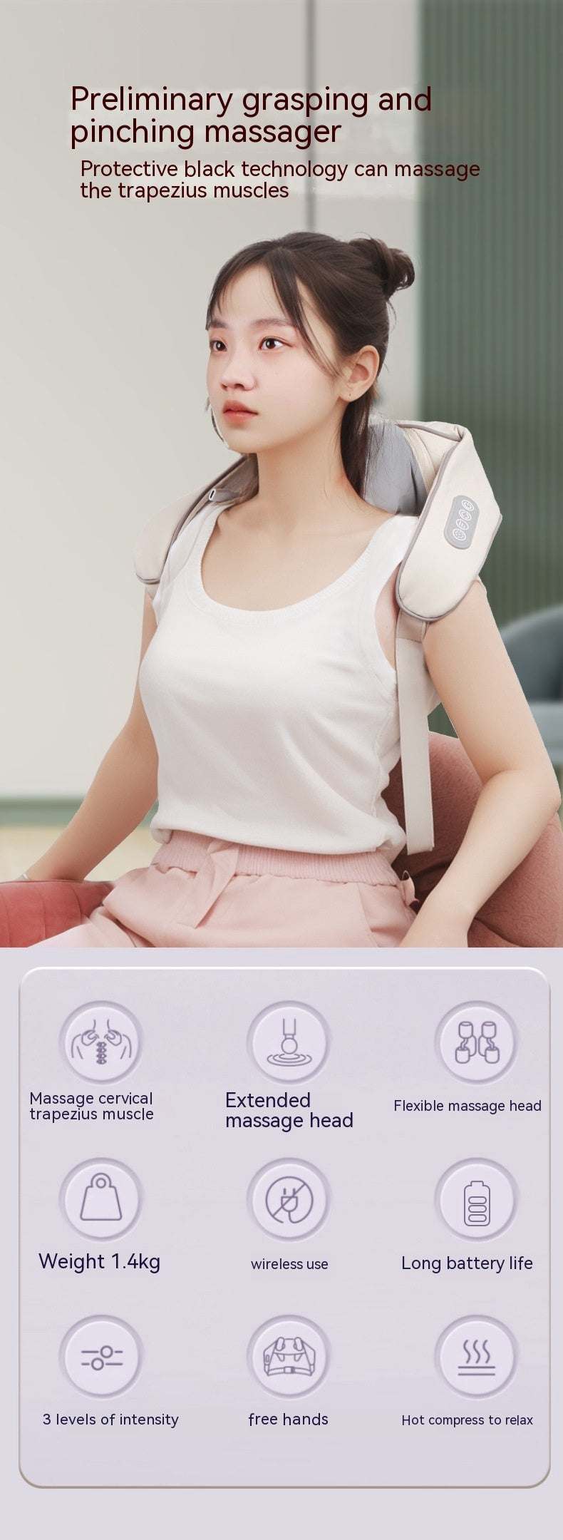 Woman using a rechargeable shoulder and neck trapezius massager in milky white color with remote control