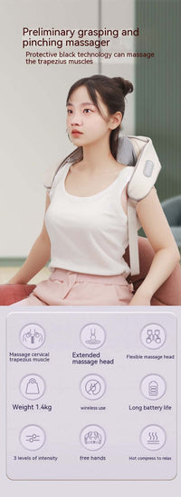 Woman using a rechargeable shoulder and neck trapezius massager in milky white color with remote control