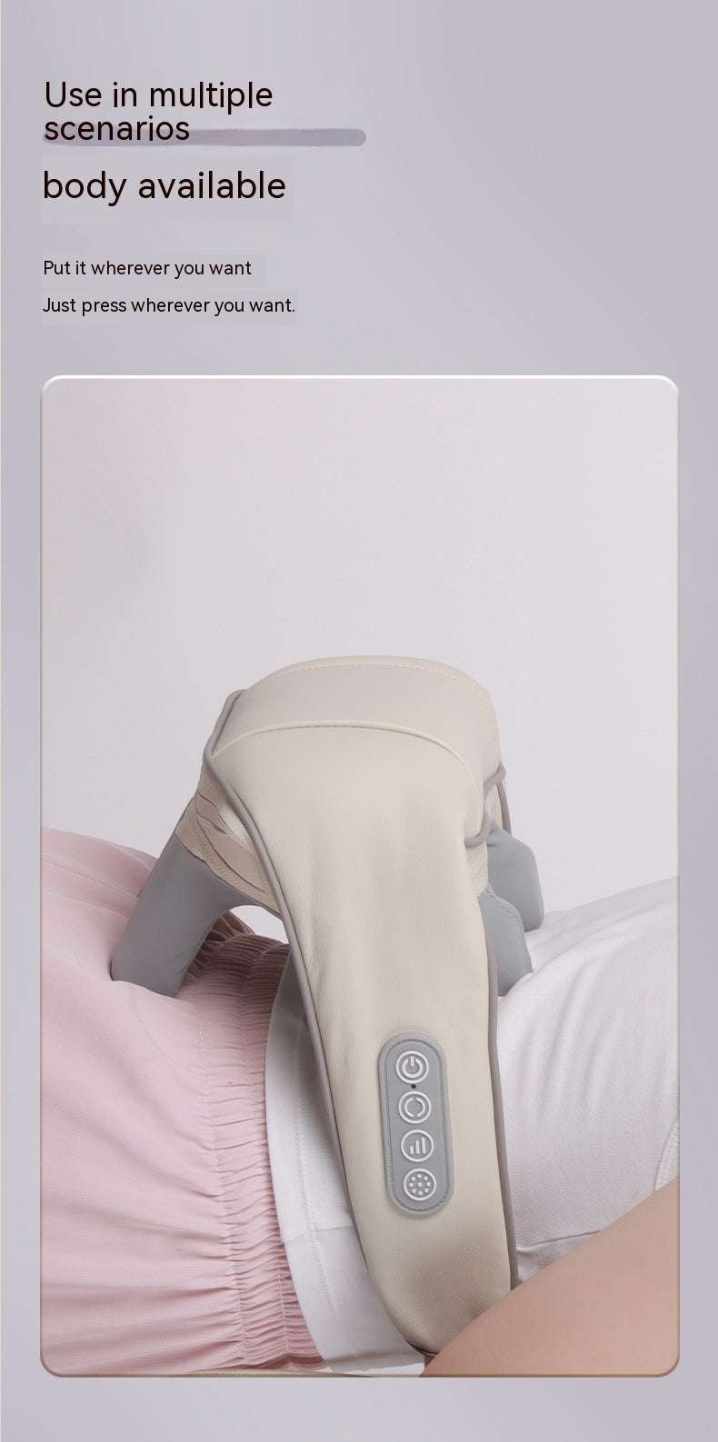 Woman using a rechargeable shoulder and neck trapezius massager in milky white color with remote control