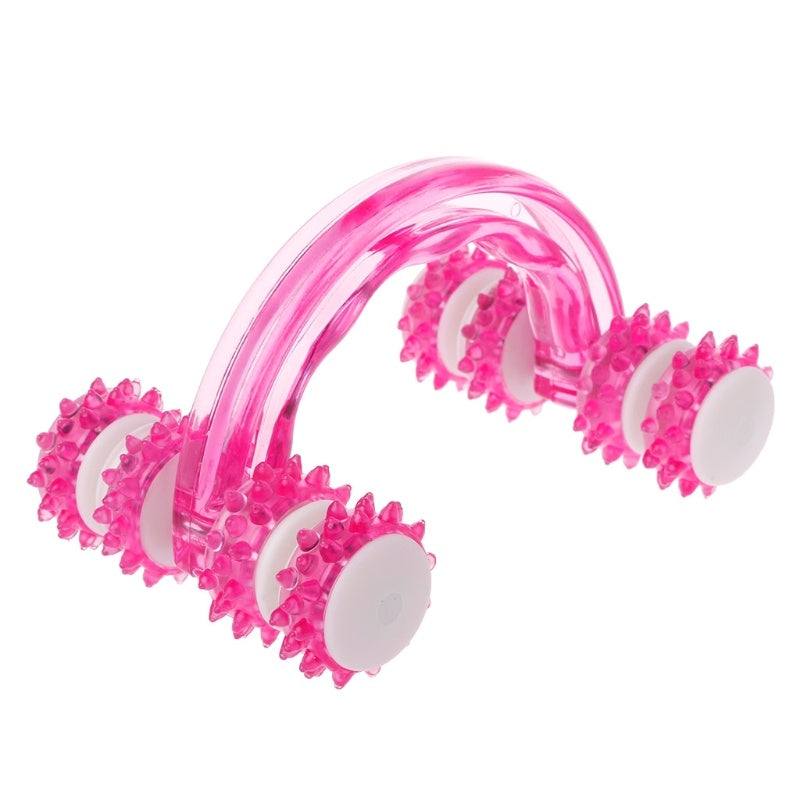 Pink eight-roller wheel body fitness massage tool with ergonomic handle for muscle relaxation and pain relief