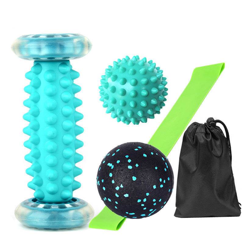 Blue spiked foot massager roller set with recovery ball, stretching strap, and carry bag