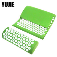 Green acupuncture massage yoga mat and pillow set with white acupressure points for pain relief and blood circulation improvement