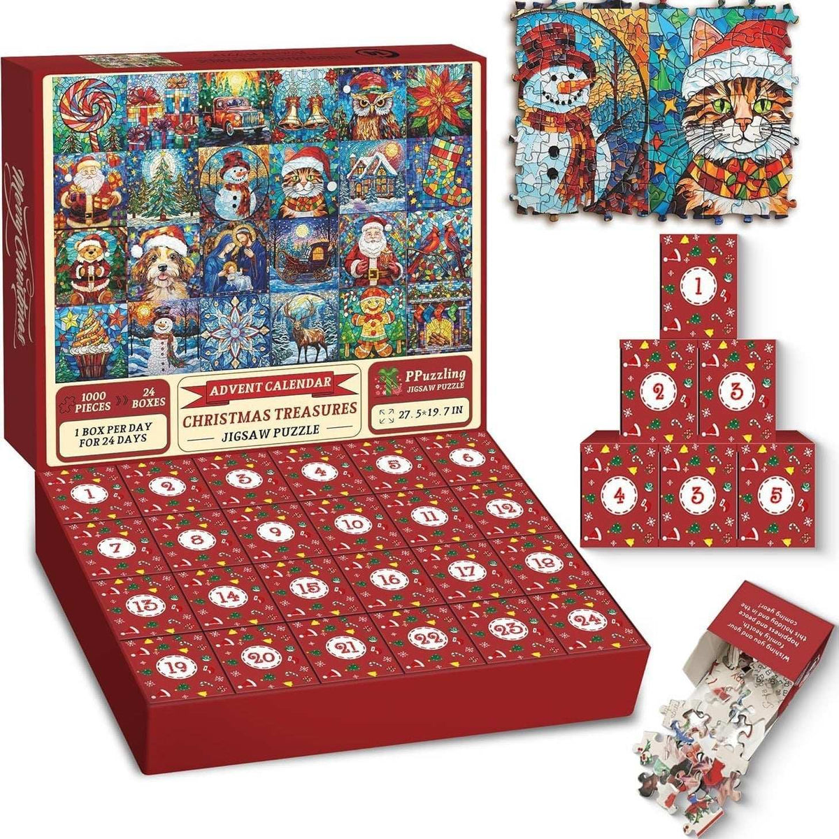 Christmas puzzle advent calendar with 24 countdown boxes and festive jigsaw pieces