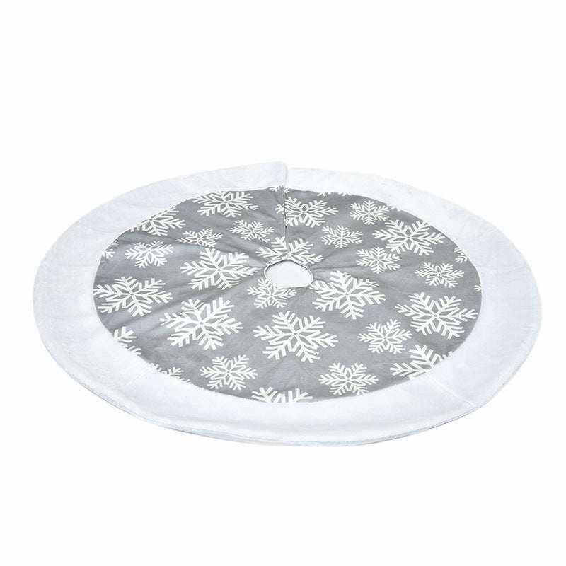 Gray and white Christmas tree skirt with snowflake pattern made of soft fabric