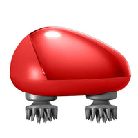 Red handheld scalp massager with dual rotating massage heads for relieving fatigue