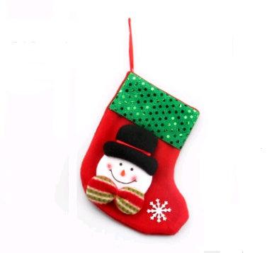 Red Christmas decoration sock with snowman and green sequined cuff hanging ornament