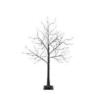 3-pack Halloween spooky trees with adjustable black branches and purple LED lights in 4FT, 5FT, and 6FT sizes for eerie indoor decoration