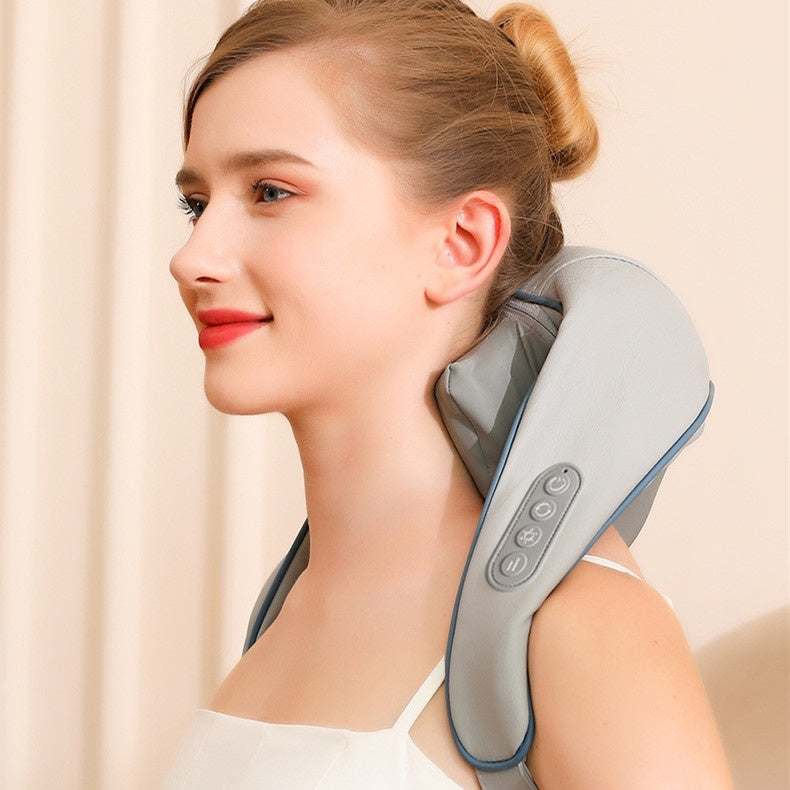 Woman using gray rechargeable shoulder and neck massager with USB charging and 3 gear settings