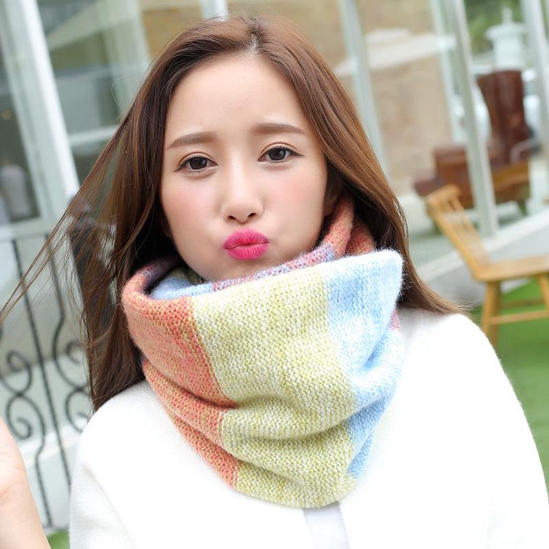 Woman wearing colorful knit wool neck wrap in cotton warp knitting jacquard design to keep warm