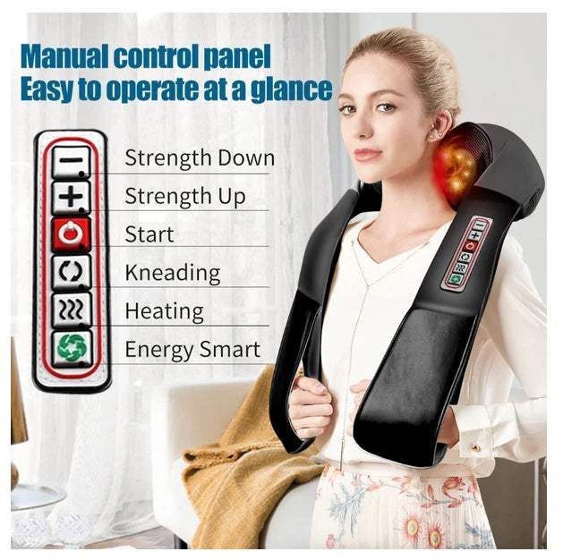 Shiatsu back neck and shoulder massager with heat, 3D kneading pillow in black PU leather with ergonomic design and car adapter.