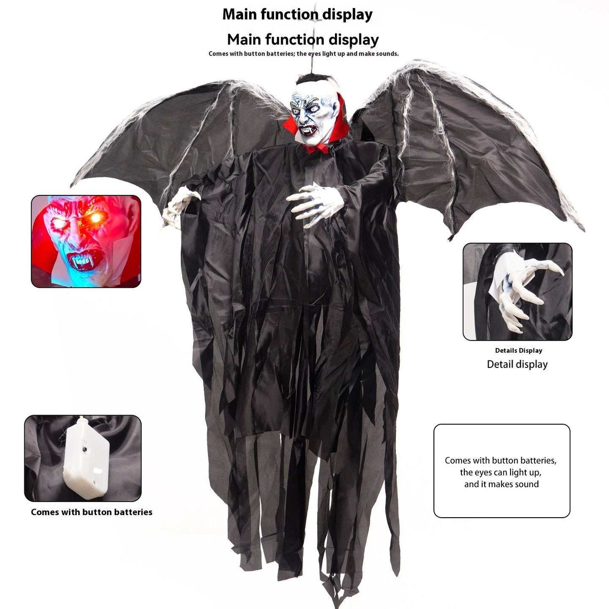 Big Bat Vampire Pendant ornament with glowing eyes and sound effects, 1.6m black plastic Halloween decoration