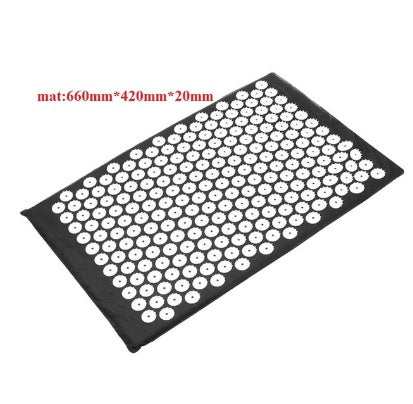 Black acupuncture massage mat with white acupressure points for pain relief and relaxation