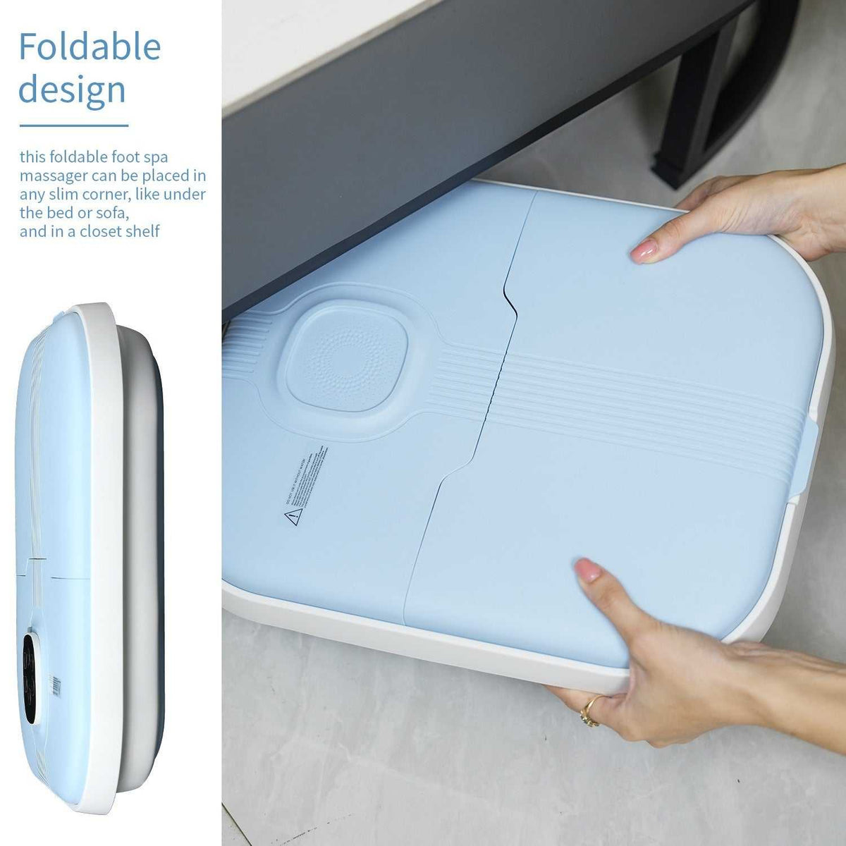 Foldable electric collapsible foot spa massager in light blue for easy storage under furniture