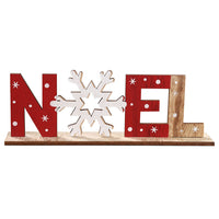 Set of Christmas wooden ornaments with festive letters and shapes including Santa, snowman, and snowflake designs.