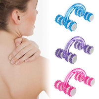 Body fitness massage roller with eight wheels in blue, purple, and pink for full body muscle relaxation and pain relief