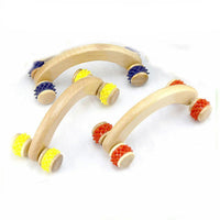 Wooden roller massager with curved handle and four spiked wheels for muscle relaxation and improved blood circulation