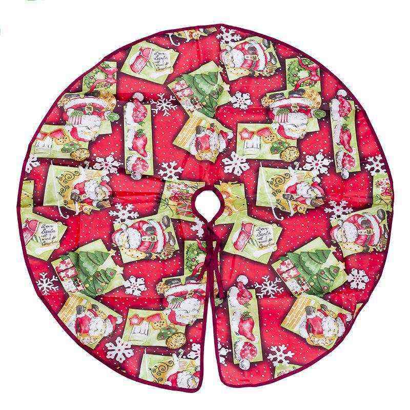 Christmas tree skirt with Santa Claus and gift box pattern on red fabric with snowflakes design