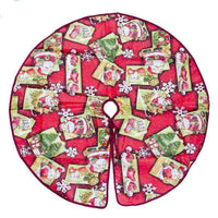 Christmas tree skirt with Santa Claus and gift box pattern on red fabric with snowflakes design