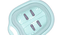 Green foldable footbath with massage rollers and ergonomic handle for easy storage and foot care.