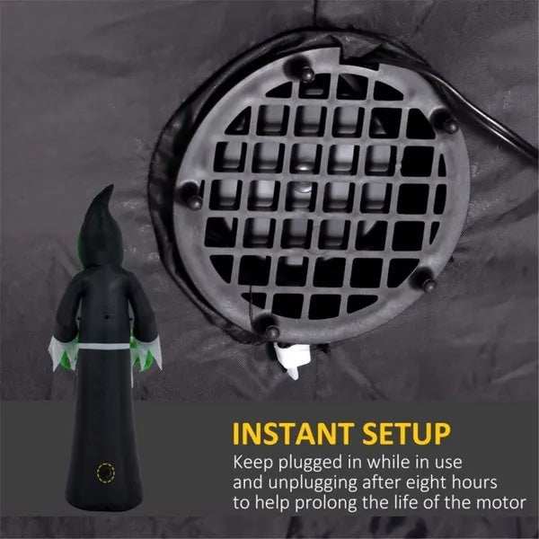 Halloween inflatable ghost with LED lights and eerie green face in a spooky graveyard setting with pumpkins and moonlight