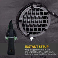 Halloween inflatable ghost with LED lights and eerie green face in a spooky graveyard setting with pumpkins and moonlight