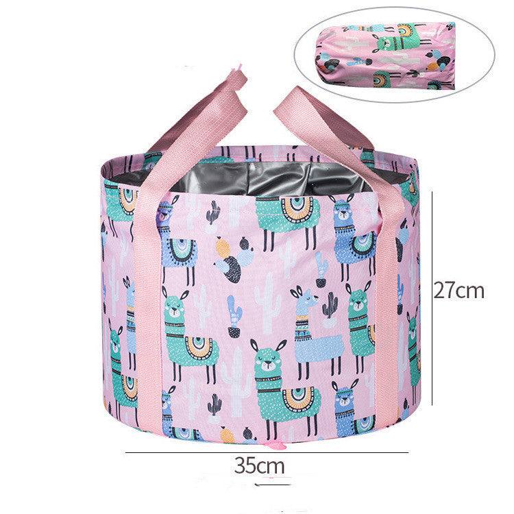 Large travel foot soak bag with foldable basin, pink llama print, nylon material, 35x27 cm size