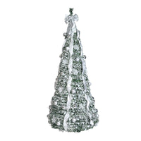6ft pop-up Christmas tree decorated with silver balls, white ribbons, bows, and snowflakes