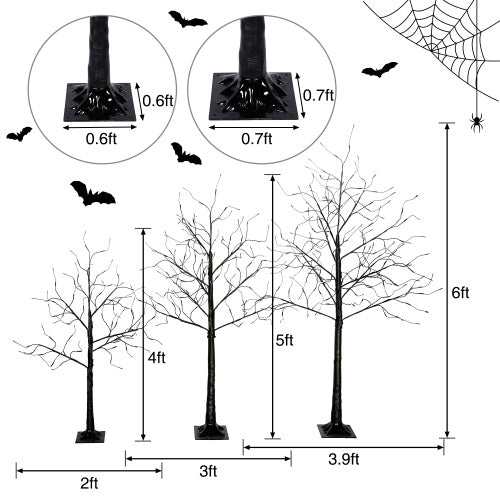 Set of 3 Halloween spooky black trees with adjustable branches and purple LED lights, sizes 4ft, 5ft, and 6ft for Halloween decoration