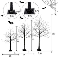 Set of 3 Halloween spooky black trees with adjustable branches and purple LED lights, sizes 4ft, 5ft, and 6ft for Halloween decoration