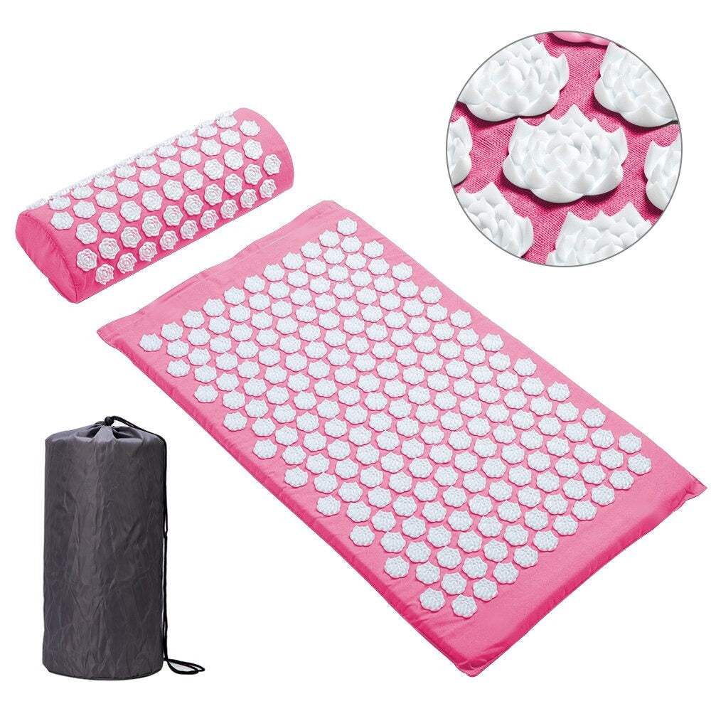 Pink acupuncture massage yoga mat with pillow and black storage bag showing close-up of pressure points