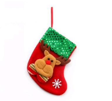 Red Christmas stocking decoration with green sequined cuff and reindeer motif hanging loop Christmas Decorations