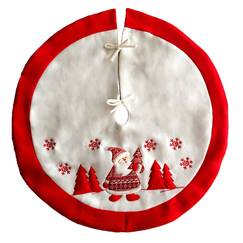 Red and white flannel Christmas tree skirt with Santa and snowflake design Christmas decoration