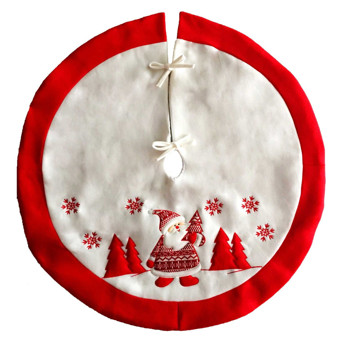 Red and white flannel Christmas tree skirt with Santa and snowflake design for festive decoration