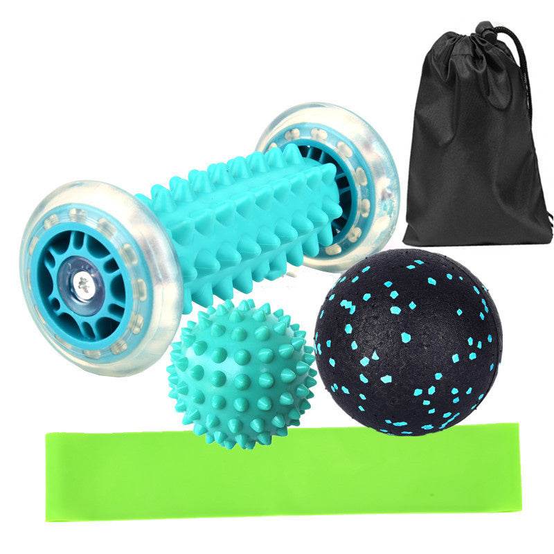 foot massager roller set with spiked balls, resistance band, and carrying bag for yoga and fitness recovery