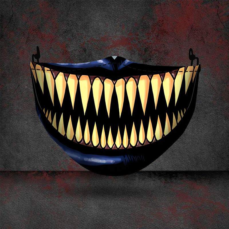 Halloween printed mask with scary red teeth design, cotton material, unisex face cover with ear loops for all seasons