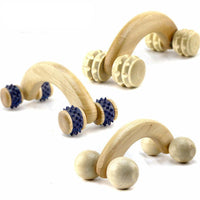 Wooden roller massager with curved handle and four rotating wheels for muscle relaxation and improved blood circulation