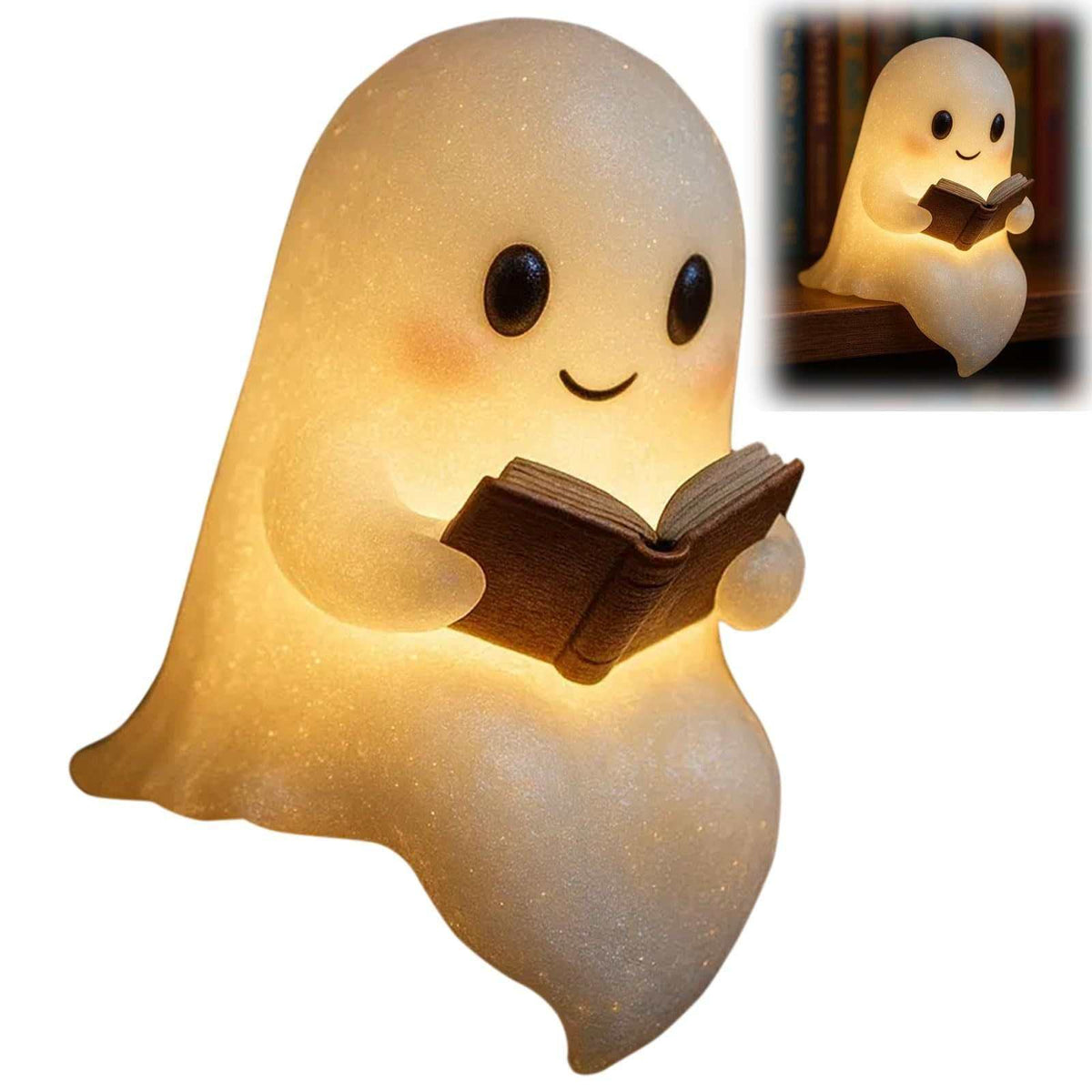 Cute glowing ghost night light holding a book with warm LED candlelight effect for kids and Halloween decor