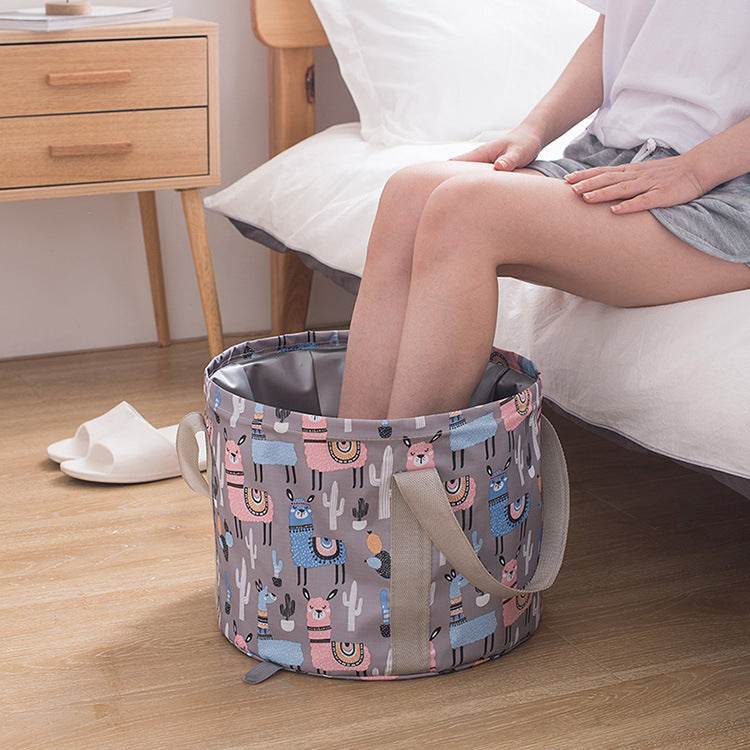 Large travel foot soak bag with foldable basin and colorful llama pattern for home use