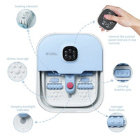 Electric collapsible foot spa with remote control, 16 massage rollers, heating element, and bubble jets for home use