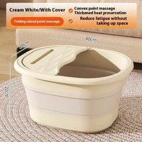 Portable foot bath tub in cream white with cover, foldable thick bucket with massage points and insulation, Nordic style plastic basin for home foot soaking