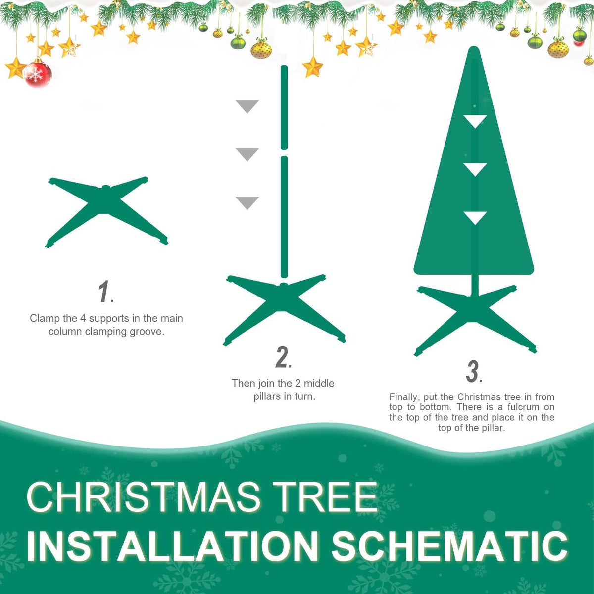 6ft pop up Christmas tree with 36 balls, ribbon, bow, and snowflake decorations and installation schematic diagram
