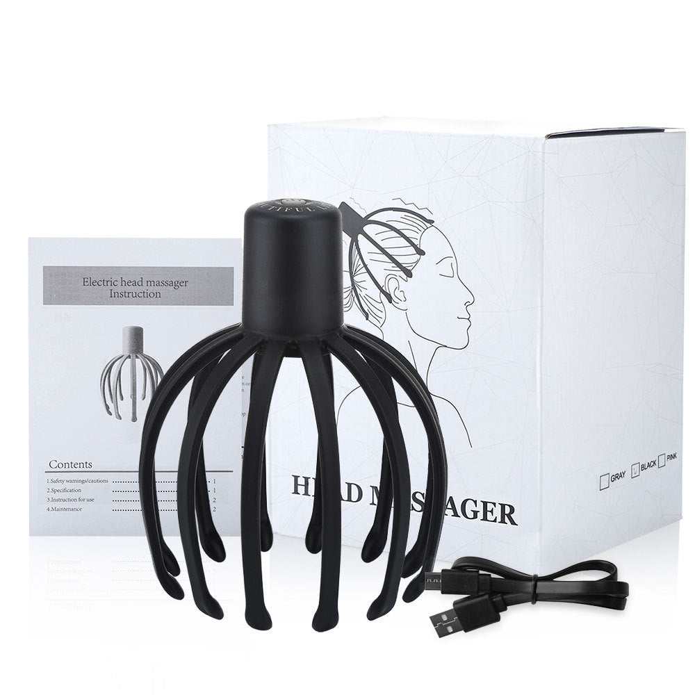 Black electric scalp massager with flexible TPE arms, USB charging cable, instruction manual, and white packaging box.