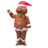 Inflatable gingerbread man costume Christmas eve decoration with red Santa hat and green bow tie