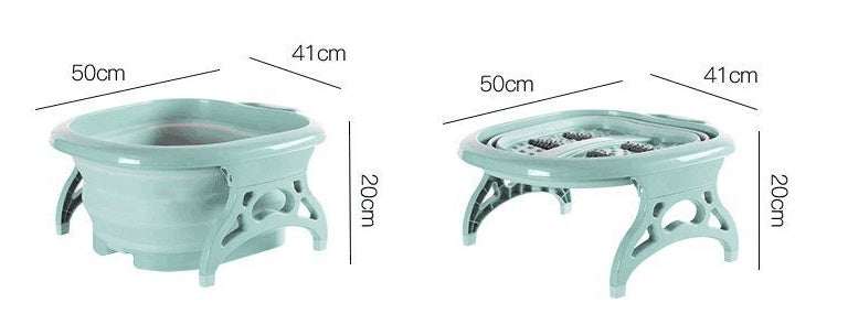 Foldable footbath massage bucket with 4 massage balls, durable plastic, compact foldable design for easy storage and travel, green color, 50x41x20cm expanded size.