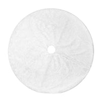 White soft plush Christmas tree skirt with center hole and slit for easy wrapping around tree base