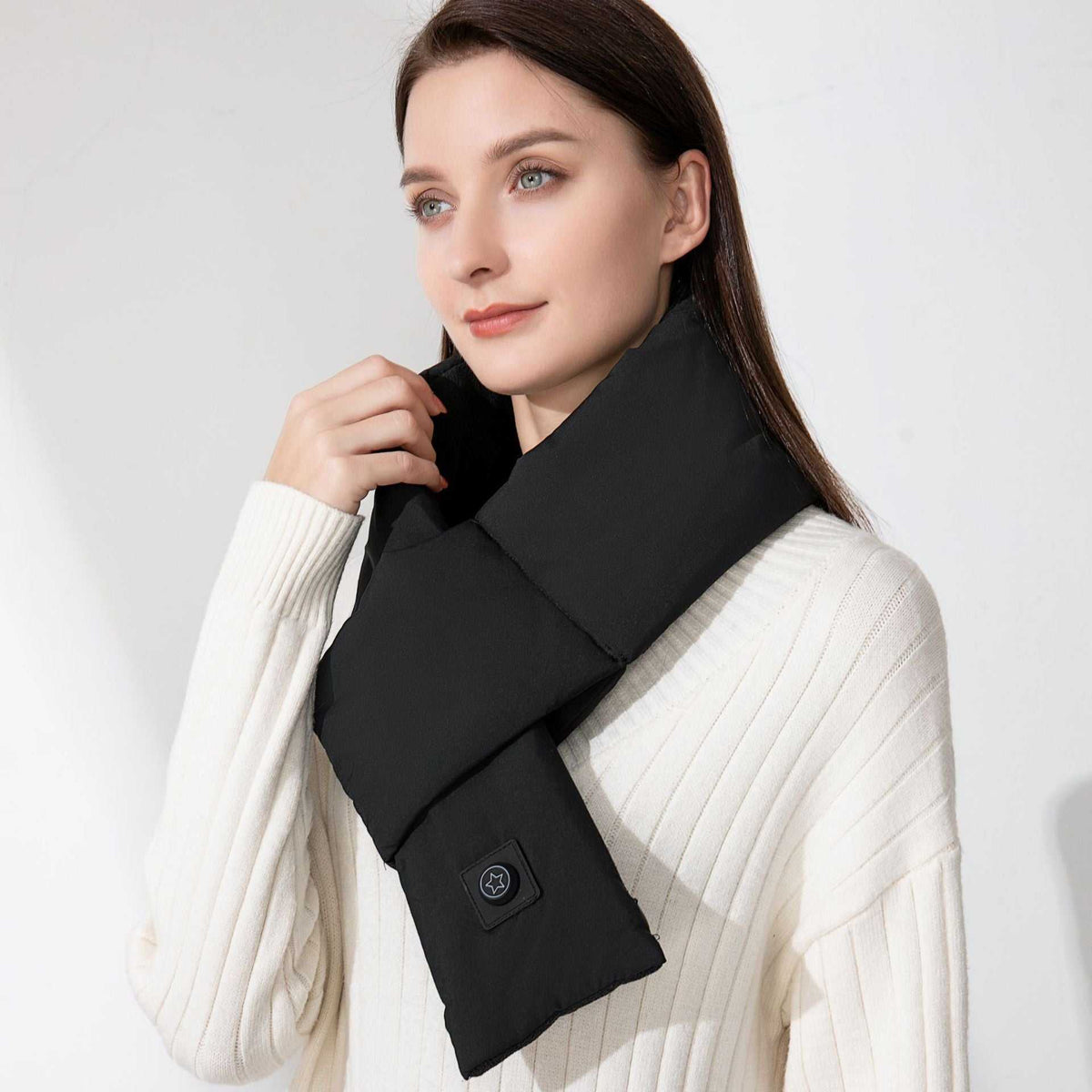 Woman wearing green Electric Neck Smart Heat Shawl for warmth and magnetic therapy