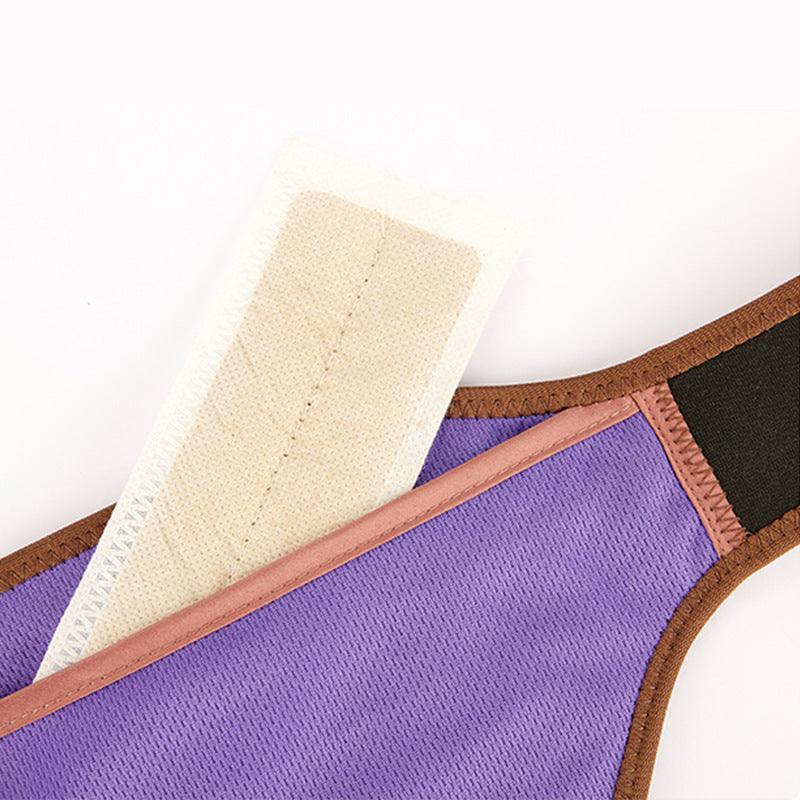 Woman wearing electric heating neck massage belt with USB power plug on beige background