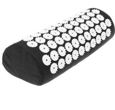 black acupuncture massage pillow with white acupressure spikes for neck pain relief and muscle relaxation